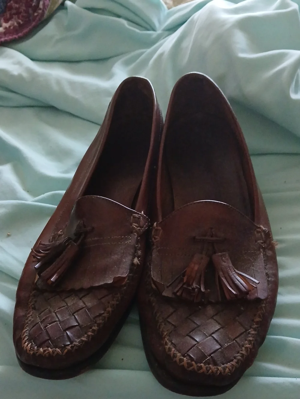 Cole Haan Brown Leather Tassel Woven Moccasins